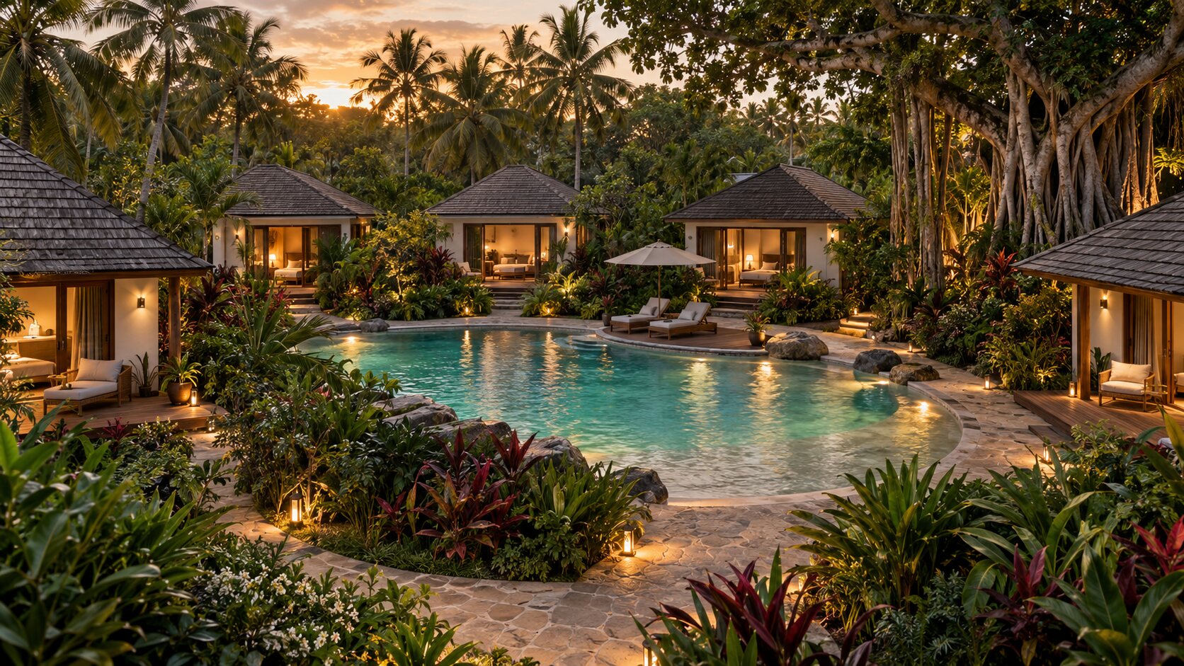 Banyan Escape cabins gathered around a central pool at golden hour