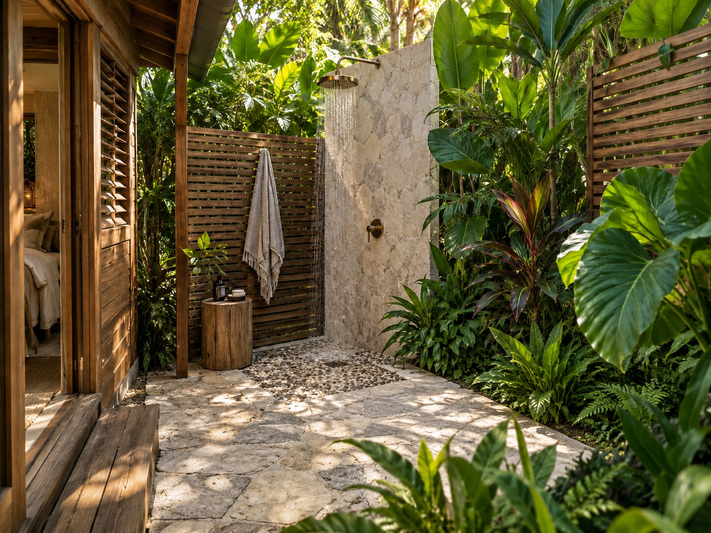 Private outdoor shower beside a tropical cabin