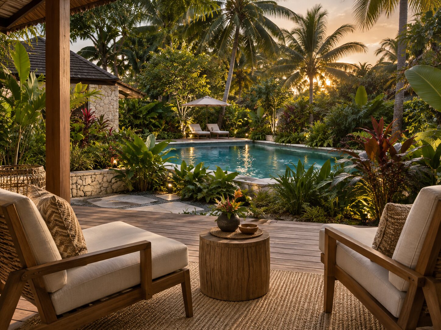 Guest deck looking across the pool and tropical garden at sunset